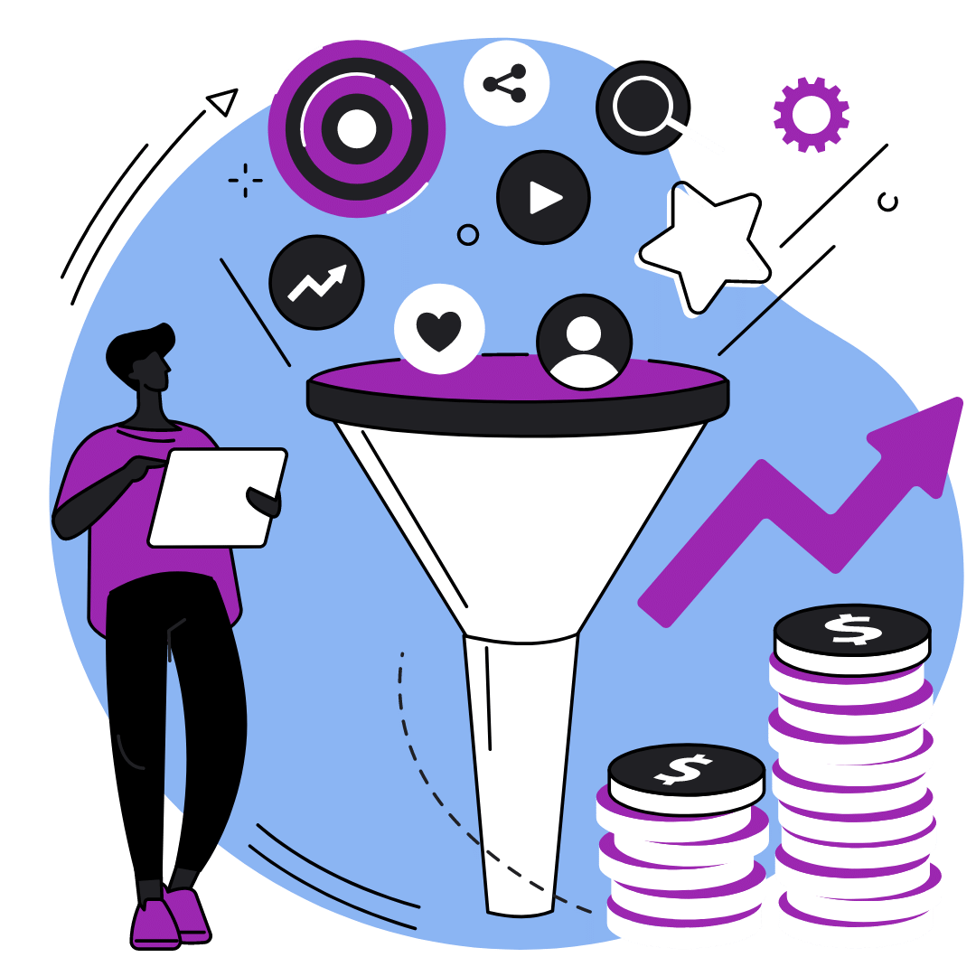 Marketing Funnel that demonstrates our full funnel approach to optimizing paid digital ad campaigns, utilizing ad platforms like Facebook, Instagram, Tiktok, Google, Microsoft, Bing, Youtube, and more.